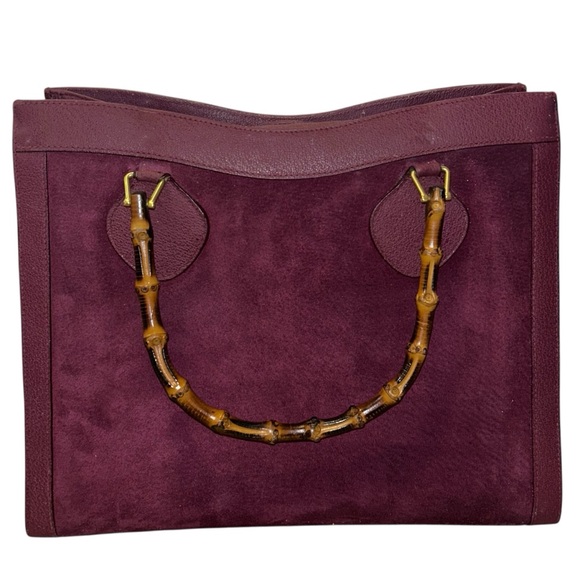 RARE Authentic Vintage Gucci Burgundy Suede Diana Tote Bag Bamboo Handles - Picture 3 of 17
